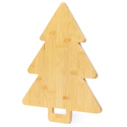 A bamboo chopping board shaped like a Christmas tree, featuring a cut-out handle.
