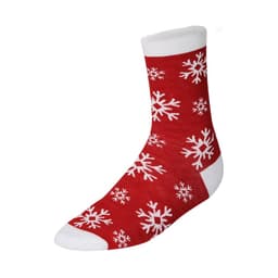 A red sock with white snowflake patterns and a white cuff. The sock features a logo on the side.