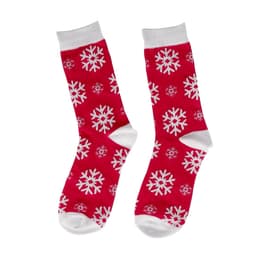 Red socks featuring white snowflake patterns, with white cuffs and soles. The product includes a logo.