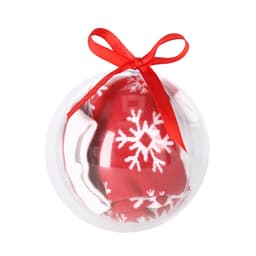 A transparent spherical container holding red socks with white snowflake patterns, tied with a red ribbon.