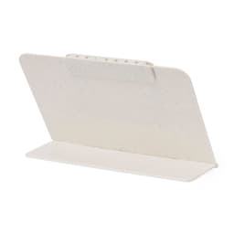 A desk calendar holder in a light cream colour, featuring a simple, modern design and a branding logo.