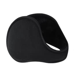 A black ear warmer featuring a curved design and soft fabric. It has a logo on the side.