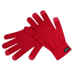 A pair of red gloves with a ribbed wrist and a logo on the cuff.