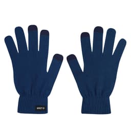 A pair of navy gloves with contrasting fingertips, featuring a logo on the cuff.