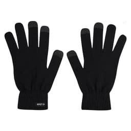 A pair of black gloves with ribbed cuffs featuring a logo. The fingertips are designed for touchscreen compatibility.