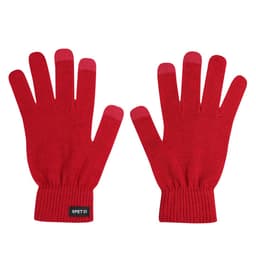 Red gloves showcasing a knitted texture with pink fingertips. The gloves feature a branding label.