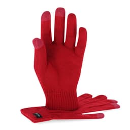 Red gloves with a knitted texture and contrasting tips, featuring a logo on the wrist area.