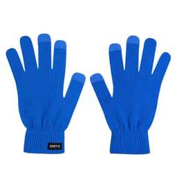 A pair of blue gloves with contrasting tips and a logo tag at the wrist.