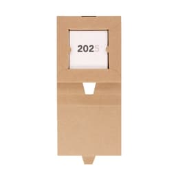 A desk calendar for 2025 featuring a simple cardboard design with a square opening and a logo on the front.