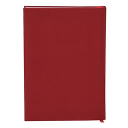 A red diary with a smooth cover, featuring a bookmark and a logo on the front.
