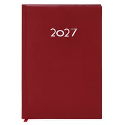 A red diary with a silver embossed "2027" on the front cover and a matching ribbon bookmark.