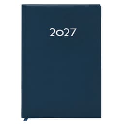 A navy blue diary with the year 2027 embossed on the front. It includes a ribbon marker and has a logo.