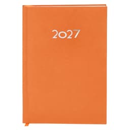 An orange diary for 2027, featuring a silver year embossed on the cover and a ribbon bookmark.