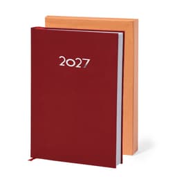 A red diary for 2027 placed next to an orange cover, featuring a logo on the front.