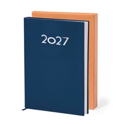 A navy blue diary with a silver "2027" on the cover, beside a tan-coloured notebook. Both have a logo on them.