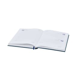 An open diary with white pages and blue accents, featuring a two-column layout for dates and notes.