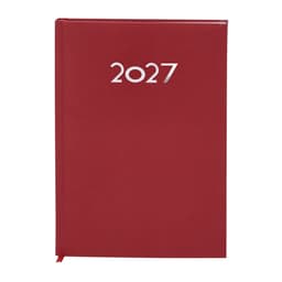 A red diary for the year 2027 with a logo on the cover and a matching ribbon bookmark.