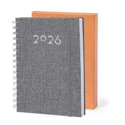 A grey diary with a spiral binding and an orange box. The diary features the year "2026" on the cover.
