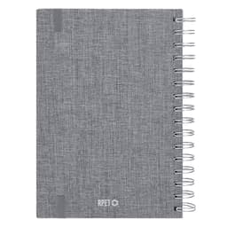 A grey spiral-bound diary with a textured cover and a branded logo on the front.
