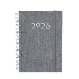 A grey diary with a spiral binding and elastic closure, featuring the year "2026" on the front cover.