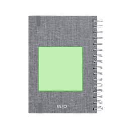 A grey spiral-bound diary with a textured cover and a green square insert area. It features a logo on the front.