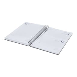 A spiral-bound diary with white pages and space for daily entries, organised by date. It features a logo on the cover.