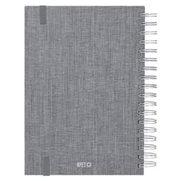 A grey diary with a textured fabric cover and spiral binding, featuring an elastic closure and a logo.