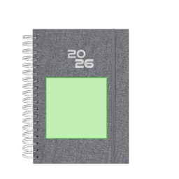 A grey diary features a spiral binding, elastic closure, and a blank green square for personalisation.