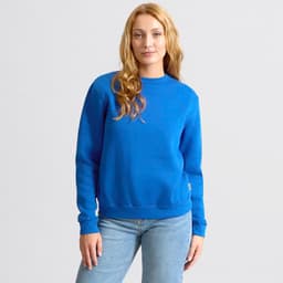 A blue jumper featuring long sleeves and a round neckline, with a logo on the side.