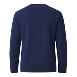 A navy blue hoodie featuring a simple design, with long sleeves and a round neckline. It has a logo on the side.