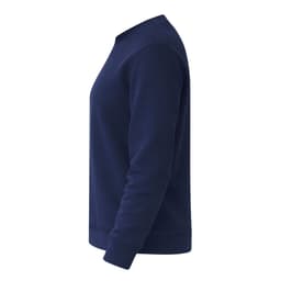 A navy blue hoodie with a simple design, featuring long sleeves and a ribbed hem. The garment has a logo on it.