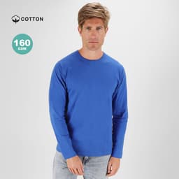 A blue adult long-sleeve T-shirt made of cotton, modelled by a man, featuring a logo.