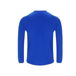 A blue adult long-sleeve T-shirt featuring a plain back with a logo on the neck.