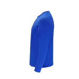 A blue adult long-sleeve T-shirt with a logo, viewed from the side.