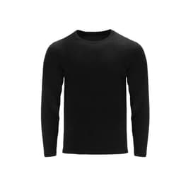 A black long-sleeve t-shirt with a round neckline. The shirt features a logo on the front.