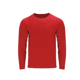 A red long-sleeve adult t-shirt with a round neckline and a small logo on the front.