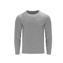 A grey long sleeve T-shirt featuring a round neck design and a logo.