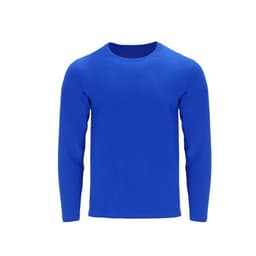 A blue adult long-sleeve T-shirt with a round neckline and a logo on the front.