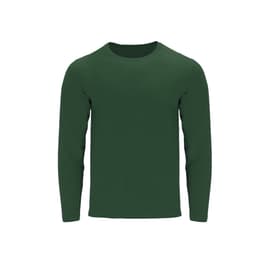 A long-sleeved, dark green adult T-shirt with a round neck and a plain design. It has a logo on it.