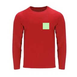 A red adult long sleeve T-shirt featuring a square patch. The shirt also has a logo on it.