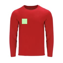 A red long-sleeve T-shirt featuring a small square patch, with a logo on it.