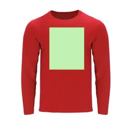 A red adult long-sleeve t-shirt featuring a blank green rectangle in the centre and a logo on the front.