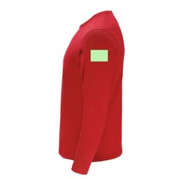 A red long-sleeve adult T-shirt with a logo on the sleeve.