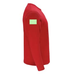 A red adult long sleeve T-shirt featuring a green patch on the shoulder and a logo.