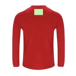A red adult T-shirt with long sleeves and a blank area on the back, featuring a logo.