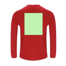 A red adult long-sleeve T-shirt with a blank green square on the back and a logo on the front.