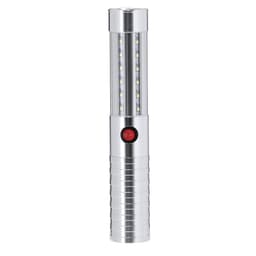 A silver LED torch with a cylindrical body and red button, featuring multiple light strips along the length.