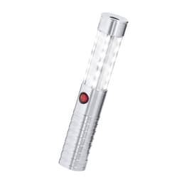 A silver flashlight with a cylindrical body and multiple LED lights, featuring a red power button.