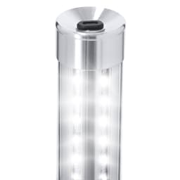 A shiny silver cylindrical light with visible LED lights inside and a USB charging port at the top.