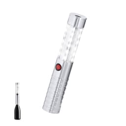 A silver flashlight with multiple LED lights and a red power button. Includes a black variant beside it.